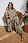 Buy_Sva By Sonam & Paras Modi_Beige Silk Embroidery V Neck Printed Co-ord Pant Set_at_Aza_Fashions