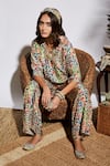Sva By Sonam & Paras Modi_Beige Silk Embroidery V Neck Printed Co-ord Pant Set_Online_at_Aza_Fashions
