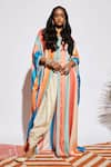 Buy_SVA by Sonam & Paras Modi_Beige Silk Round Striped Cape With Draped Pant  _at_Aza_Fashions