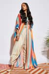 SVA by Sonam & Paras Modi_Beige Silk Round Striped Cape With Draped Pant  _Online_at_Aza_Fashions