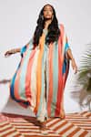 Buy_SVA by Sonam & Paras Modi_Beige Silk Round Striped Cape With Draped Pant  _Online_at_Aza_Fashions