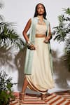 Buy_SVA by Sonam & Paras Modi_Beige Silk Embroidery Jacket Band Collar Draped Skirt Set With  _at_Aza_Fashions