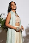 Shop_SVA by Sonam & Paras Modi_Beige Silk Embroidery Jacket Band Collar Draped Skirt Set With  _at_Aza_Fashions