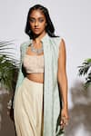 SVA by Sonam & Paras Modi_Beige Silk Embroidery Jacket Band Collar Draped Skirt Set With  _Online_at_Aza_Fashions