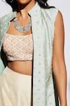 Buy_SVA by Sonam & Paras Modi_Beige Silk Embroidery Jacket Band Collar Draped Skirt Set With  _Online_at_Aza_Fashions