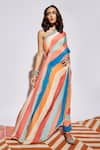 SVA by Sonam & Paras Modi_Multi Color Silk Embroidery One Shoulder Striped Pre-draped Saree With Pant_Online_at_Aza_Fashions