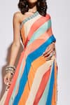 Shop_SVA by Sonam & Paras Modi_Multi Color Silk Embroidery One Shoulder Striped Pre-draped Saree With Pant_Online_at_Aza_Fashions