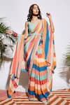 Buy_SVA by Sonam & Paras Modi_Blue Silk Embroidery V Neck Saree Set With Cape  _at_Aza_Fashions