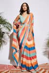 Shop_SVA by Sonam & Paras Modi_Blue Silk Embroidery V Neck Saree Set With Cape  _at_Aza_Fashions