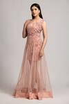 Buy_S & V Designs_Peach Banana Crepe Floral Embroidered Layered Gown_Online_at_Aza_Fashions
