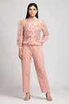 Buy_S & V Designs_Peach Banana Crepe And Organza Embroidery Thread Shirt & Pant Set  _at_Aza_Fashions