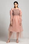 Buy_S & V Designs_Peach Organza And Nylon Net Embroidery Thread Boat Dress  _at_Aza_Fashions