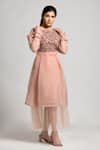 S & V Designs_Peach Organza And Nylon Net Embroidery Thread Boat Dress  _Online_at_Aza_Fashions