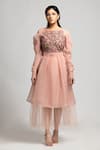 Buy_S & V Designs_Peach Organza And Nylon Net Embroidery Thread Boat Dress  _Online_at_Aza_Fashions