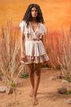 Buy_Label Reyya_White Rayon Lurex Floral Print, Crochet Lace And Sequin Work Surplice Tiered Dress _at_Aza_Fashions