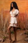 Label Reyya_White Rayon Lurex Floral Print, Crochet Lace And Sequin Work Surplice Tiered Dress _Online_at_Aza_Fashions