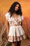 Buy_Label Reyya_White Rayon Lurex Floral Print, Crochet Lace And Sequin Work Surplice Tiered Dress _Online_at_Aza_Fashions