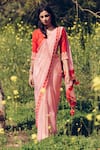 Shop_MADZIN_Pink Silk Chiffon V Neck Hand Embroidered Saree With Blouse _at_Aza_Fashions