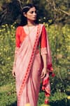 Buy_MADZIN_Pink Silk Chiffon V Neck Hand Embroidered Saree With Blouse _at_Aza_Fashions