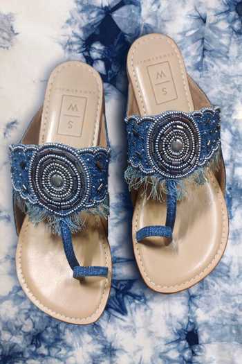 Shop_Sandalwali_Blue Beads Embroidered Denim Kolhapuri Sandals _at_Aza_Fashions