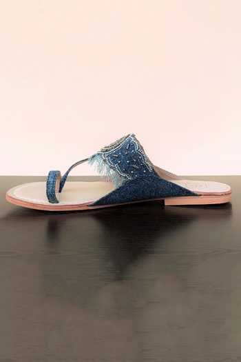 Shop_Sandalwali_Blue Beads Embroidered Denim Kolhapuri Sandals _Online_at_Aza_Fashions