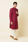 Spring Break_Maroon Silk, Cotton Lycra Sherwani Set _Online_at_Aza_Fashions