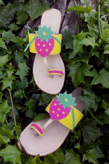 Sandalwali_Yellow Beads Embroidered Strawberry Sandals _Online_at_Aza_Fashions