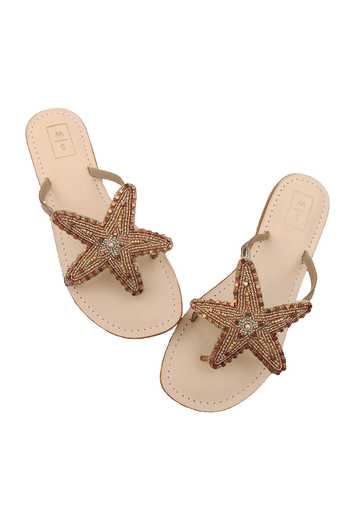 Shop_Sandalwali_Gold Beads, Embroidery Starfish Sandals _at_Aza_Fashions