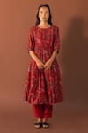 Buy_Khamaj India_Red Kurta Chanderi Floral Round Sweven And Pant Set _at_Aza_Fashions