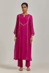 Buy_Ikshita Choudhary_Magenta Chanderi Embroidered Chita Notched Panelled Kurta Pant Set _Online_at_Aza_Fashions