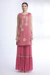 Sozenkari_Pink Organza, Chiffon, Pure Silk Chanderi Boat Embroidered Kurta Set _Online_at_Aza_Fashions