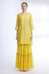 Sozenkari_Yellow Organza, Chiffon, Pure Silk Chanderi V Neck Embroidered Kurta Set _Online_at_Aza_Fashions