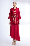 Sozenkari_Maroon Pure Silk V Neck Jacket And Skirt Set _Online_at_Aza_Fashions