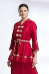 Buy_Sozenkari_Maroon Pure Silk V Neck Jacket And Skirt Set _Online_at_Aza_Fashions