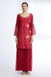 Sozenkari_Maroon Organza, , Muslin Boat Embroidered Kurta Set _Online_at_Aza_Fashions