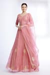 Buy_Sozenkari_Pink Silk Chanderi, Organza V Neck Lehenga And Blouse Set _at_Aza_Fashions
