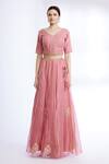 Sozenkari_Pink Silk Chanderi, Organza V Neck Lehenga And Blouse Set _Online_at_Aza_Fashions