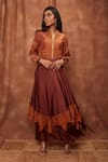 Jajobaa_Brown Top Silk Organza Embroidered Lace Stand Crop And Work Skirt Set  _Online_at_Aza_Fashions