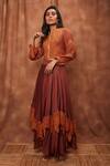 Buy_Jajobaa_Brown Top Silk Organza Embroidered Lace Stand Crop And Work Skirt Set  _Online_at_Aza_Fashions