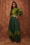 Buy_Jajobaa_Green Top Silk Organza Embroidered Lace Stand Crop And Work Skirt Set  _at_Aza_Fashions