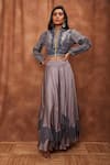 Buy_Jajobaa_Grey Top Silk Organza Embroidered Lace Stand Crop And Work Skirt Set _at_Aza_Fashions