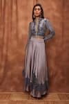 Buy_Jajobaa_Grey Top Silk Organza Embroidered Lace Stand Crop And Work Skirt Set _Online_at_Aza_Fashions