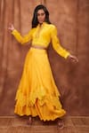 Shop_Jajobaa_Yellow Top Silk Organza Embroidered Lace Crop And Work Skirt Set _Online_at_Aza_Fashions
