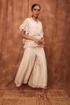 Jajobaa_Cream Silk Organza Ruffle Top And Flared Pant Set  _Online_at_Aza_Fashions