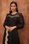 Shop_Jajobaa_Black Silk Organza Embroidered Pleated Puff Sleeve Draped Dress  _Online_at_Aza_Fashions