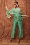 Buy_Jajobaa_Green Silk Organza Chinnon Round Overlay Ruffle Top And Flared Pant Set  _at_Aza_Fashions