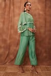 Jajobaa_Green Silk Organza Chinnon Round Overlay Ruffle Top And Flared Pant Set  _Online_at_Aza_Fashions