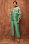 Buy_Jajobaa_Green Silk Organza Chinnon Round Overlay Ruffle Top And Flared Pant Set  _Online_at_Aza_Fashions