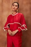 Jajobaa_Red Silk Organza Chinnon Round Overlay Ruffle Top And Flared Pant Set  _at_Aza_Fashions