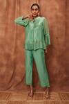 Buy_Jajobaa_Green Silk Organza Mandarin Collar Pleated Top And Pant Set_at_Aza_Fashions